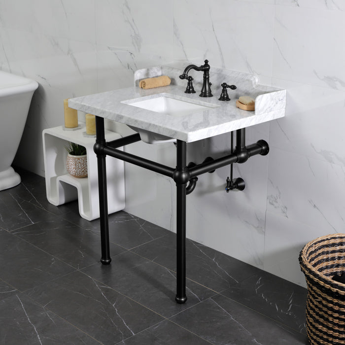 Kingston Heirloom LMS3030MBSQ0 - Pemberton 30-Inch Carrara Marble Console Sink with Brass Legs (8-Inch, 3-Hole), Carrara Marble White/Matte Black