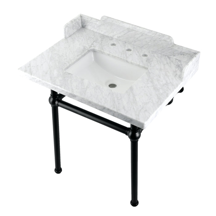 Kingston Heirloom LMS3030MBSQ0 - Pemberton 30-Inch Carrara Marble Console Sink with Brass Legs (8-Inch, 3-Hole), Carrara Marble White/Matte Black