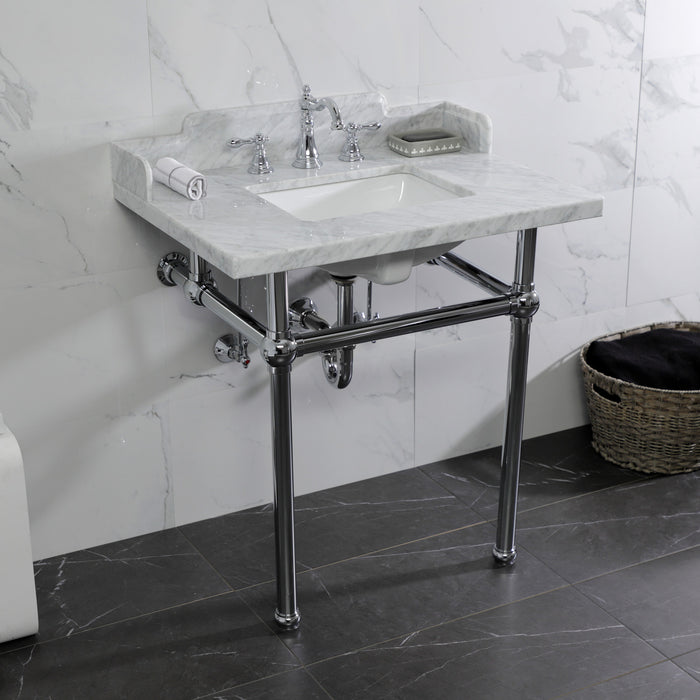 Kingston Heirloom LMS3030MBSQ1 - Pemberton 30-Inch Carrara Marble Console Sink with Brass Legs (8-Inch, 3-Hole), Carrara Marble White/Polished Chrome