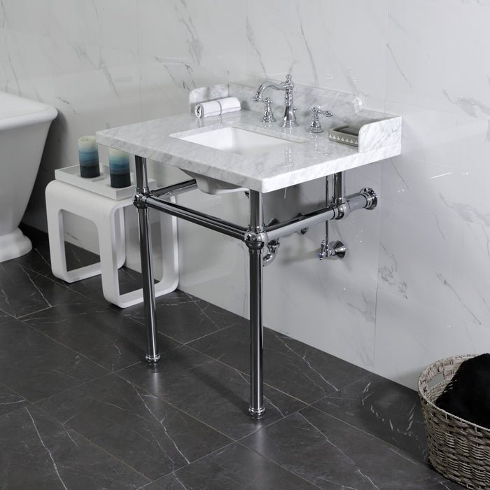 Kingston Heirloom LMS3030MBSQ1 - Pemberton 30-Inch Carrara Marble Console Sink with Brass Legs (8-Inch, 3-Hole), Carrara Marble White/Polished Chrome