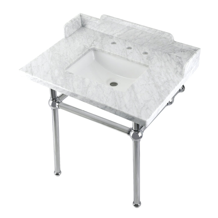 Kingston Heirloom LMS3030MBSQ1 - Pemberton 30-Inch Carrara Marble Console Sink with Brass Legs (8-Inch, 3-Hole), Carrara Marble White/Polished Chrome