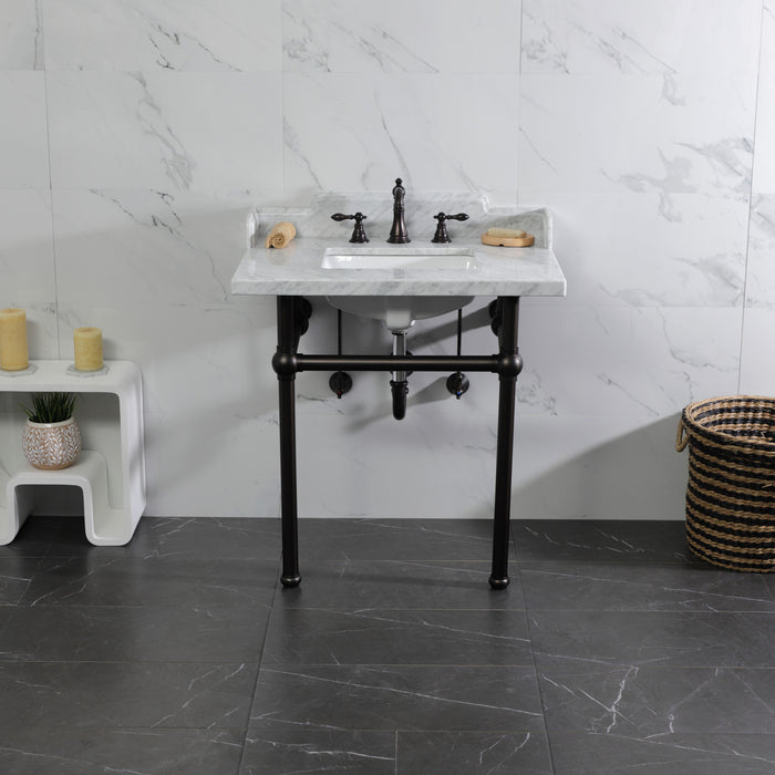 Kingston Heirloom LMS3030MBSQ5 - Pemberton 30-Inch Carrara Marble Console Sink with Brass Legs (8-Inch, 3-Hole), Carrara Marble White/Oil Rubbed Bronze