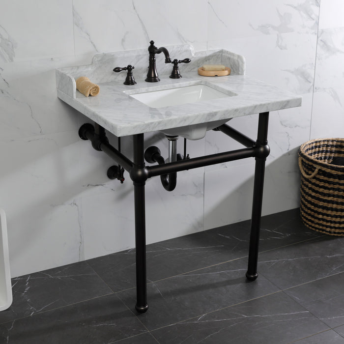 Kingston Heirloom LMS3030MBSQ5 - Pemberton 30-Inch Carrara Marble Console Sink with Brass Legs (8-Inch, 3-Hole), Carrara Marble White/Oil Rubbed Bronze