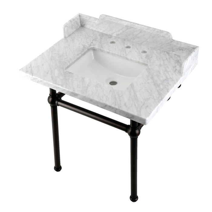 Kingston Heirloom LMS3030MBSQ5 - Pemberton 30-Inch Carrara Marble Console Sink with Brass Legs (8-Inch, 3-Hole), Carrara Marble White/Oil Rubbed Bronze