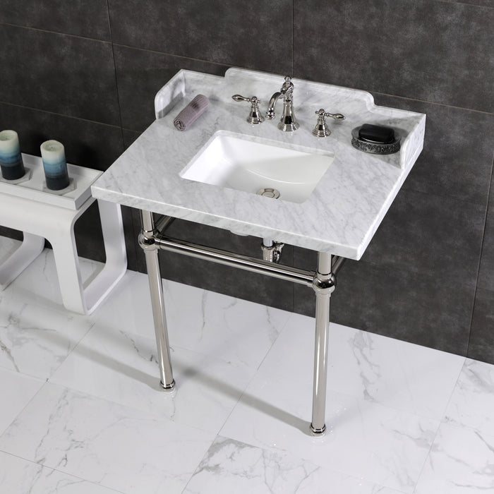 Kingston Heirloom LMS3030MBSQ6 - Pemberton 30-Inch Carrara Marble Console Sink with Brass Legs (8-Inch, 3-Hole), Carrara Marble White/Polished Nickel