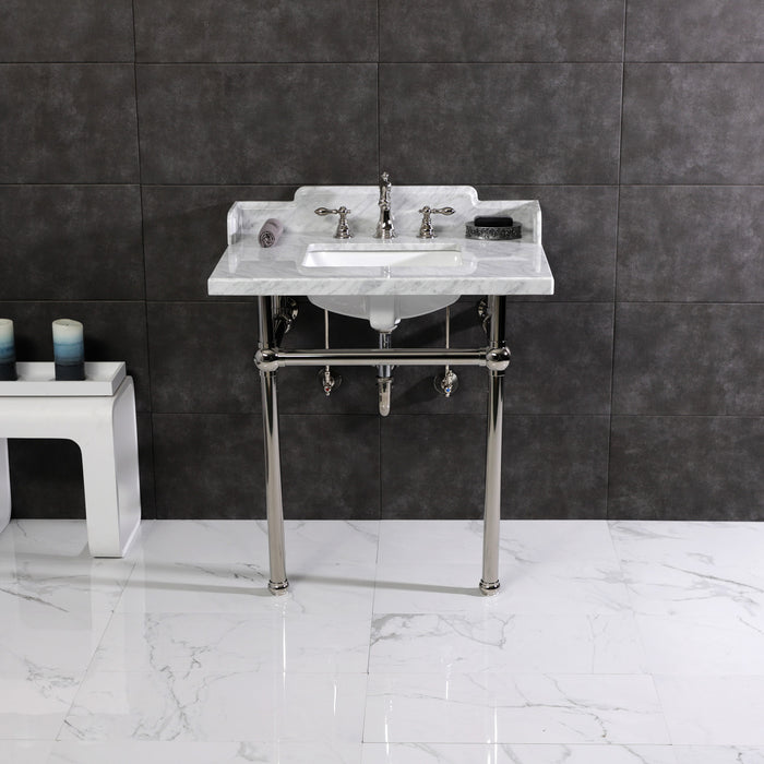 Kingston Heirloom LMS3030MBSQ6 - Pemberton 30-Inch Carrara Marble Console Sink with Brass Legs (8-Inch, 3-Hole), Carrara Marble White/Polished Nickel