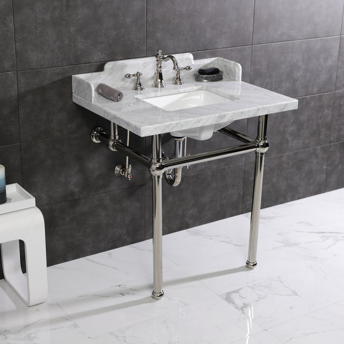 Kingston Heirloom LMS3030MBSQ6 - Pemberton 30-Inch Carrara Marble Console Sink with Brass Legs (8-Inch, 3-Hole), Carrara Marble White/Polished Nickel