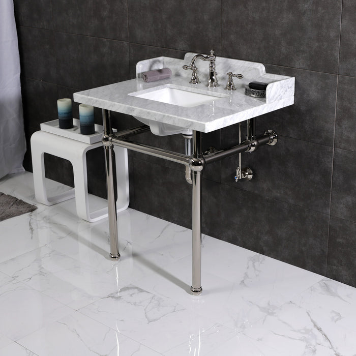 Kingston Heirloom LMS3030MBSQ6 - Pemberton 30-Inch Carrara Marble Console Sink with Brass Legs (8-Inch, 3-Hole), Carrara Marble White/Polished Nickel