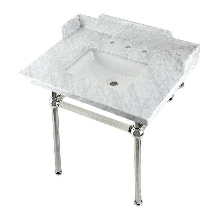 Kingston Heirloom LMS3030MBSQ6 - Pemberton 30-Inch Carrara Marble Console Sink with Brass Legs (8-Inch, 3-Hole), Carrara Marble White/Polished Nickel