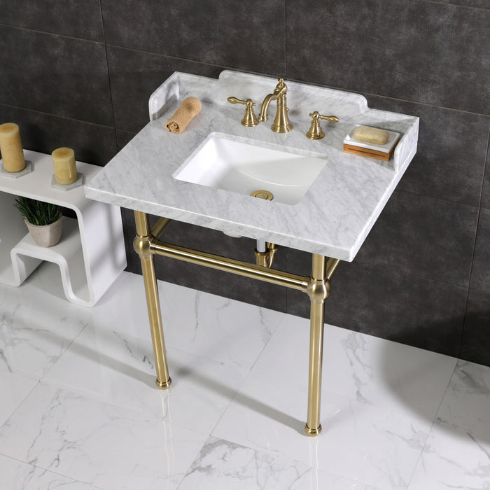 Kingston Heirloom LMS3030MBSQ7 - Pemberton 30-Inch Carrara Marble Console Sink with Brass Legs (8-Inch, 3-Hole), Carrara Marble White/Brushed Brass