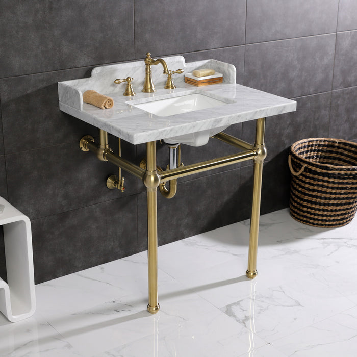 Kingston Heirloom LMS3030MBSQ7 - Pemberton 30-Inch Carrara Marble Console Sink with Brass Legs (8-Inch, 3-Hole), Carrara Marble White/Brushed Brass