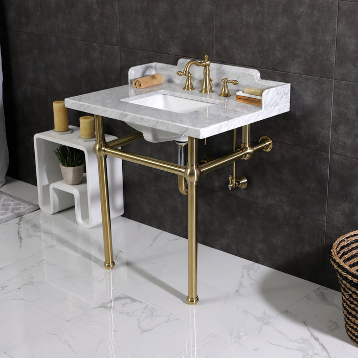 Kingston Heirloom LMS3030MBSQ7 - Pemberton 30-Inch Carrara Marble Console Sink with Brass Legs (8-Inch, 3-Hole), Carrara Marble White/Brushed Brass