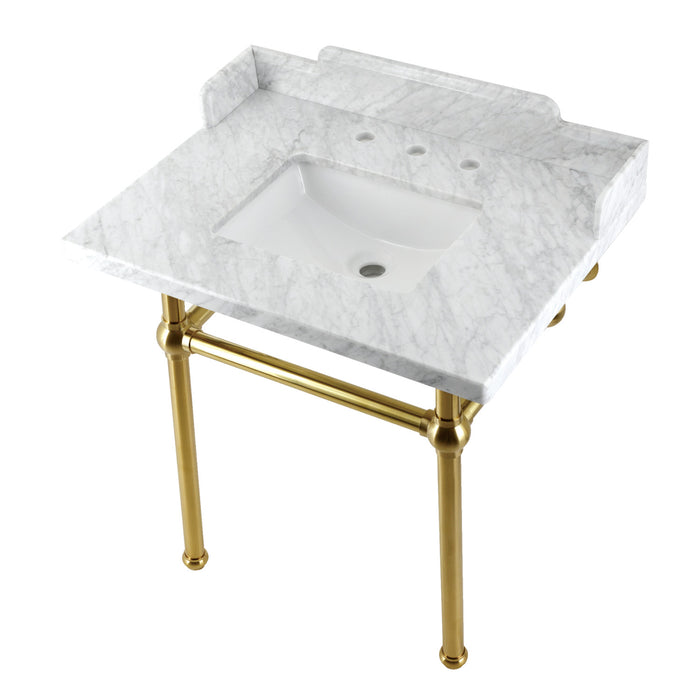 Kingston Heirloom LMS3030MBSQ7 - Pemberton 30-Inch Carrara Marble Console Sink with Brass Legs (8-Inch, 3-Hole), Carrara Marble White/Brushed Brass
