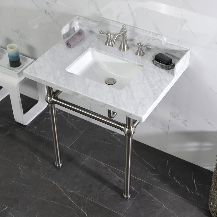 Kingston Heirloom LMS3030MBSQ8 - Pemberton 30-Inch Carrara Marble Console Sink with Brass Legs (8-Inch, 3-Hole), Carrara Marble White/Brushed Nickel
