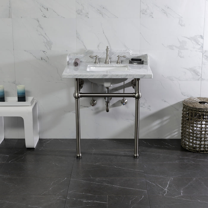 Kingston Heirloom LMS3030MBSQ8 - Pemberton 30-Inch Carrara Marble Console Sink with Brass Legs (8-Inch, 3-Hole), Carrara Marble White/Brushed Nickel