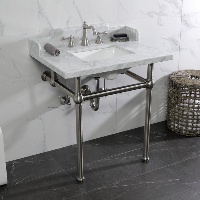 Kingston Heirloom LMS3030MBSQ8 - Pemberton 30-Inch Carrara Marble Console Sink with Brass Legs (8-Inch, 3-Hole), Carrara Marble White/Brushed Nickel