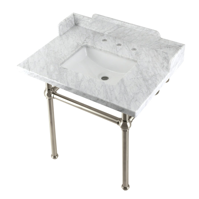 Kingston Heirloom LMS3030MBSQ8 - Pemberton 30-Inch Carrara Marble Console Sink with Brass Legs (8-Inch, 3-Hole), Carrara Marble White/Brushed Nickel