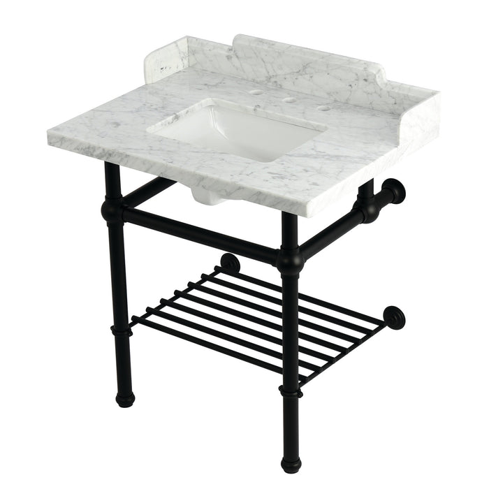 Kingston Heirloom LMS3030MBSQB0 - Pemberton 30-Inch Carrara Marble Console Sink with Brass Legs and Shelf (8-Inch, 3-Hole), Carrara Marble White/Matte Black