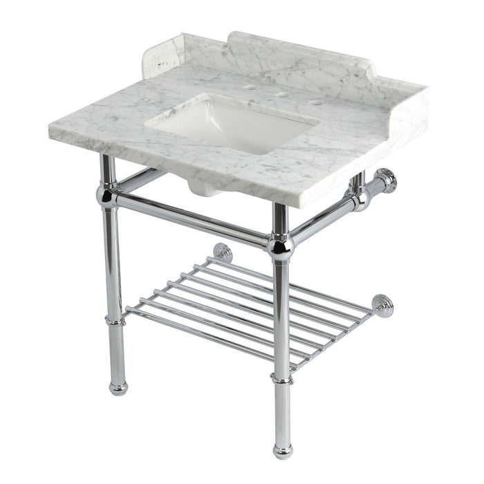 Kingston Heirloom LMS3030MBSQB1 - Pemberton 30-Inch Carrara Marble Console Sink with Brass Legs and Shelf (8-Inch, 3-Hole), Carrara Marble White/Polished Chrome