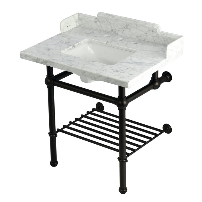 Kingston Heirloom LMS3030MBSQB5 - Pemberton 30-Inch Carrara Marble Console Sink with Brass Legs and Shelf (8-Inch, 3-Hole), Carrara Marble White/Oil Rubbed Bronze