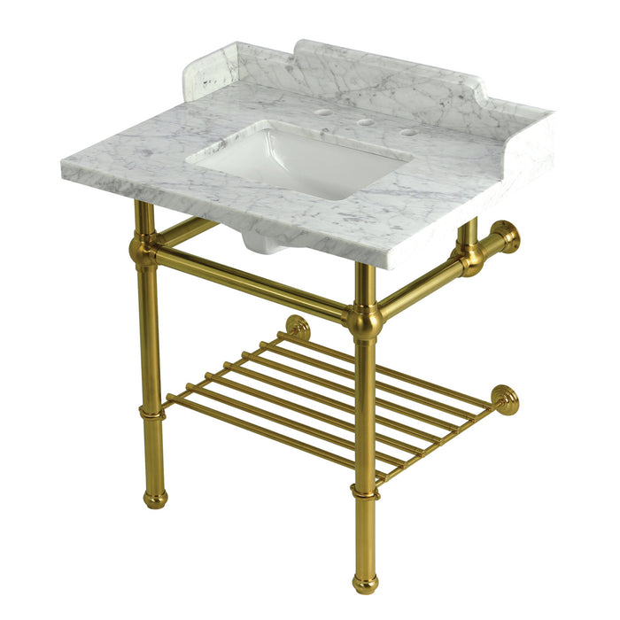 Kingston Heirloom LMS3030MBSQB7 - Pemberton 30-Inch Carrara Marble Console Sink with Brass Legs and Shelf (8-Inch, 3-Hole), Carrara Marble White/Brushed Brass