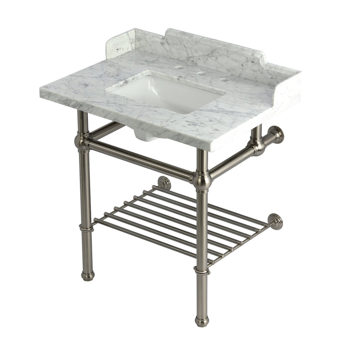 Kingston Heirloom LMS3030MBSQB8 - Pemberton 30-Inch Carrara Marble Console Sink with Brass Legs and Shelf (8-Inch, 3-Hole), Carrara Marble White/Brushed Nickel