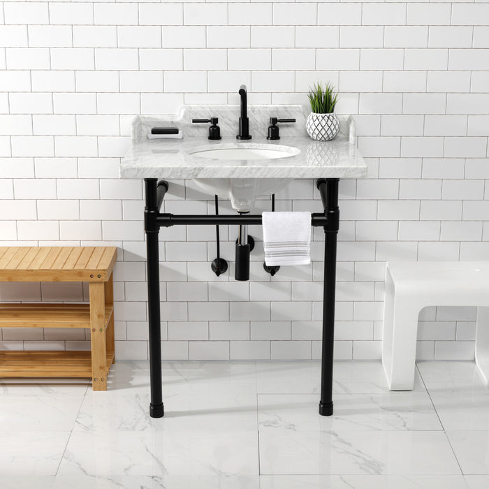 Kingston Tulare LMS30M80ST - Dreyden 30-Inch Carrara Marble Console Sink with Stainless Steel Legs (8-Inch, 3-Hole), Carrara Marble White/Matte Black