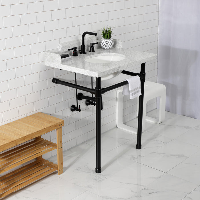 Kingston Tulare LMS30M80ST - Dreyden 30-Inch Carrara Marble Console Sink with Stainless Steel Legs (8-Inch, 3-Hole), Carrara Marble White/Matte Black