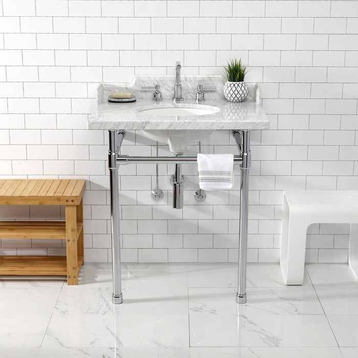 Dreyden LMS30M81ST 30-Inch Carrara Marble Console Sink with Stainless Steel Legs (8-Inch, 3-Hole), Carrara Marble White/Polished Chrome