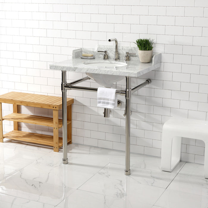 Dreyden LMS30M86ST 30-Inch Carrara Marble Console Sink with Stainless Steel Legs (8-Inch, 3-Hole), Carrara Marble White/Polished Nickel