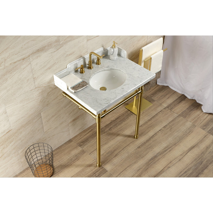 Kingston Tulare LMS30M87ST - Dreyden 30-Inch Carrara Marble Console Sink with Stainless Steel Legs (8-Inch, 3-Hole), Carrara Marble White/Brushed Brass