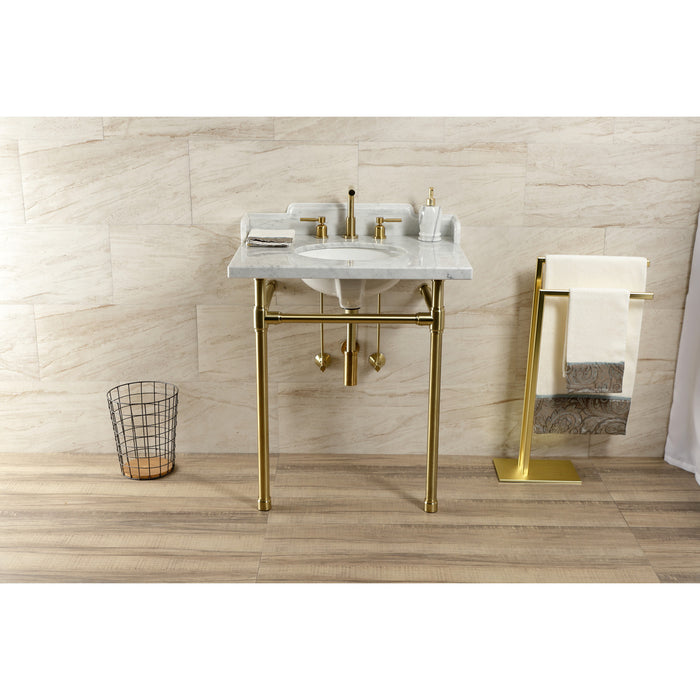 Kingston Tulare LMS30M87ST - Dreyden 30-Inch Carrara Marble Console Sink with Stainless Steel Legs (8-Inch, 3-Hole), Carrara Marble White/Brushed Brass