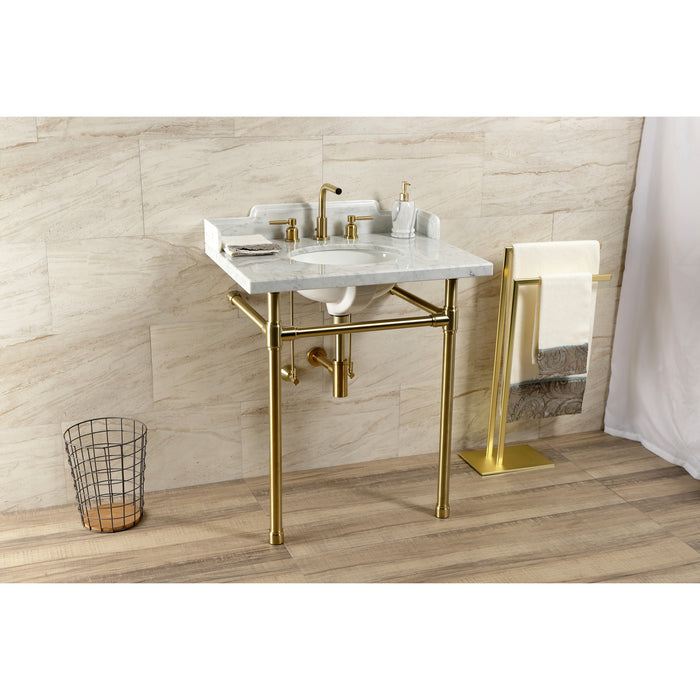 Kingston Tulare LMS30M87ST - Dreyden 30-Inch Carrara Marble Console Sink with Stainless Steel Legs (8-Inch, 3-Hole), Carrara Marble White/Brushed Brass