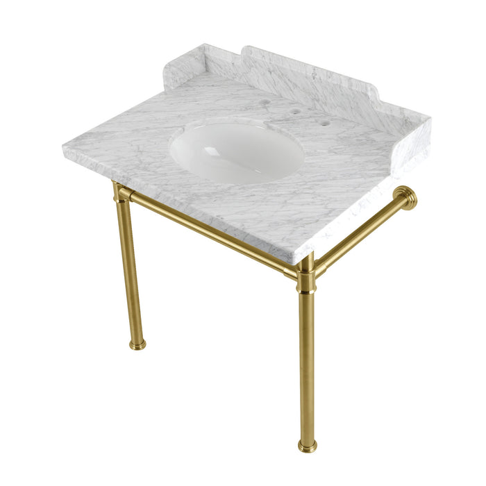 Kingston Tulare LMS30M87ST - Dreyden 30-Inch Carrara Marble Console Sink with Stainless Steel Legs (8-Inch, 3-Hole), Carrara Marble White/Brushed Brass