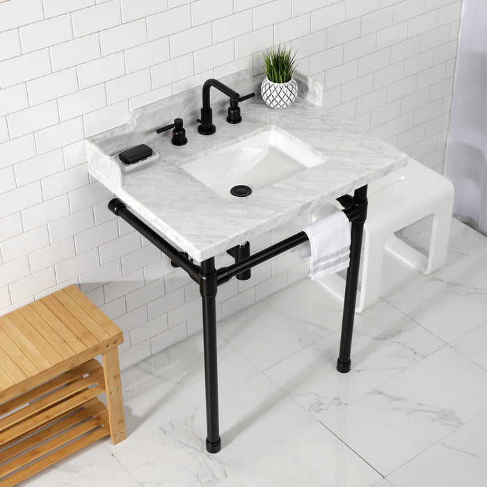 Kingston Tulare LMS30M8SQ0ST - Wesselman 30-Inch Carrara Marble Console Sink with Stainless Steel Legs (8-Inch, 3-Hole), Carrara Marble White/Matte Black