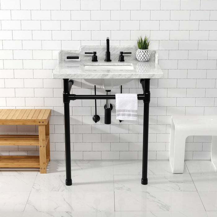 Kingston Tulare LMS30M8SQ0ST - Wesselman 30-Inch Carrara Marble Console Sink with Stainless Steel Legs (8-Inch, 3-Hole), Carrara Marble White/Matte Black
