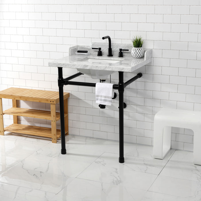 Kingston Tulare LMS30M8SQ0ST - Wesselman 30-Inch Carrara Marble Console Sink with Stainless Steel Legs (8-Inch, 3-Hole), Carrara Marble White/Matte Black