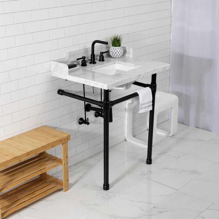 Kingston Tulare LMS30M8SQ0ST - Wesselman 30-Inch Carrara Marble Console Sink with Stainless Steel Legs (8-Inch, 3-Hole), Carrara Marble White/Matte Black