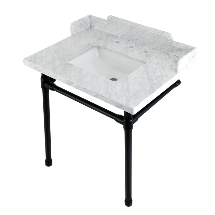 Kingston Tulare LMS30M8SQ0ST - Wesselman 30-Inch Carrara Marble Console Sink with Stainless Steel Legs (8-Inch, 3-Hole), Carrara Marble White/Matte Black