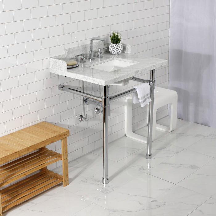Kingston Tulare LMS30M8SQ1ST - Wesselman 30-Inch Carrara Marble Console Sink with Stainless Steel Legs (8-Inch, 3-Hole), Carrara Marble White/Polished Chrome