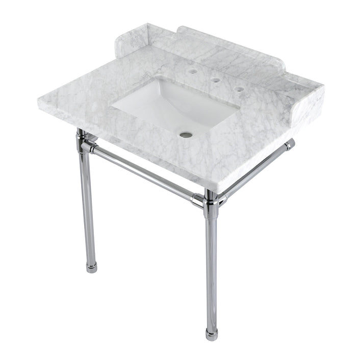 Kingston Tulare LMS30M8SQ1ST - Wesselman 30-Inch Carrara Marble Console Sink with Stainless Steel Legs (8-Inch, 3-Hole), Carrara Marble White/Polished Chrome