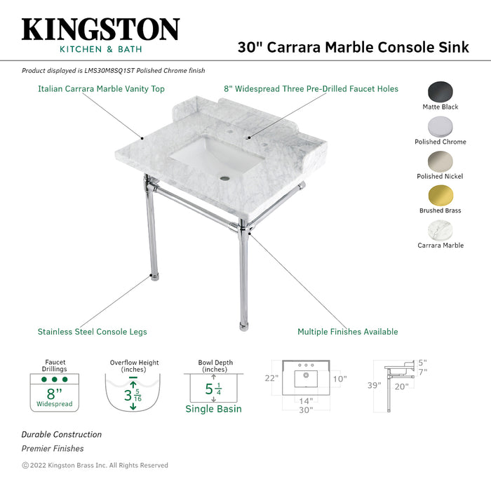 Kingston Tulare LMS30M8SQ6ST - Wesselman 30-Inch Carrara Marble Console Sink with Stainless Steel Legs (8-Inch, 3-Hole), Carrara Marble White/Polished Nickel