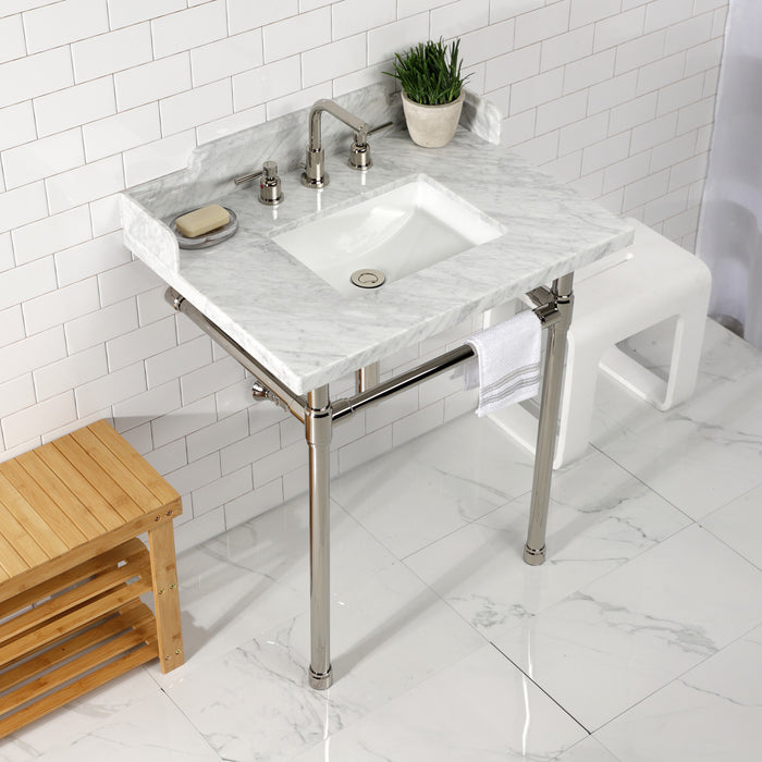 Kingston Tulare LMS30M8SQ6ST - Wesselman 30-Inch Carrara Marble Console Sink with Stainless Steel Legs (8-Inch, 3-Hole), Carrara Marble White/Polished Nickel