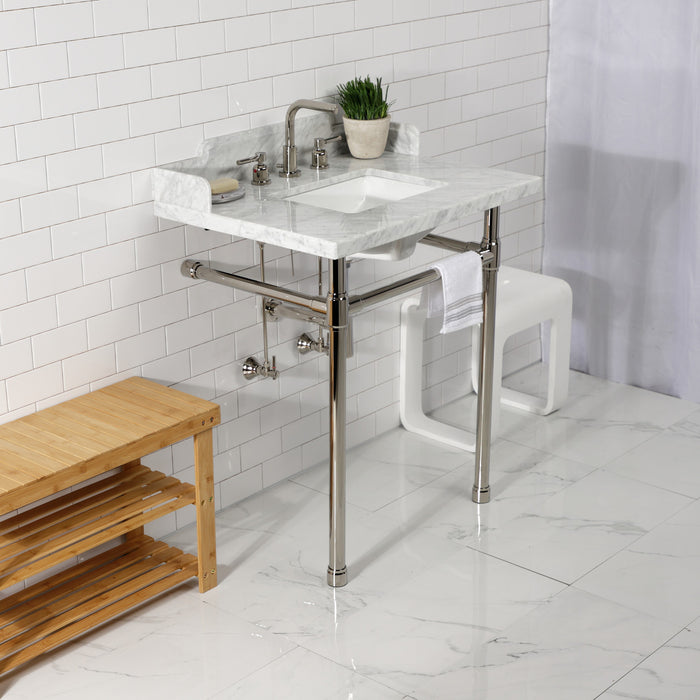 Kingston Tulare LMS30M8SQ6ST - Wesselman 30-Inch Carrara Marble Console Sink with Stainless Steel Legs (8-Inch, 3-Hole), Carrara Marble White/Polished Nickel