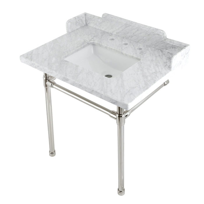Kingston Tulare LMS30M8SQ6ST - Wesselman 30-Inch Carrara Marble Console Sink with Stainless Steel Legs (8-Inch, 3-Hole), Carrara Marble White/Polished Nickel