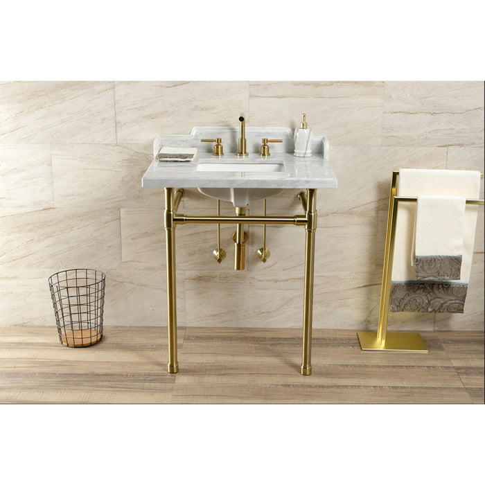Kingston Tulare LMS30M8SQ7ST - Wesselman 30-Inch Carrara Marble Console Sink with Stainless Steel Legs (8-Inch, 3-Hole), Carrara Marble White/Brushed Brass