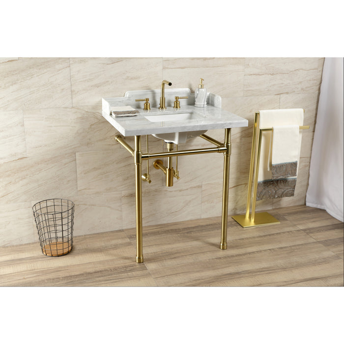 Kingston Tulare LMS30M8SQ7ST - Wesselman 30-Inch Carrara Marble Console Sink with Stainless Steel Legs (8-Inch, 3-Hole), Carrara Marble White/Brushed Brass