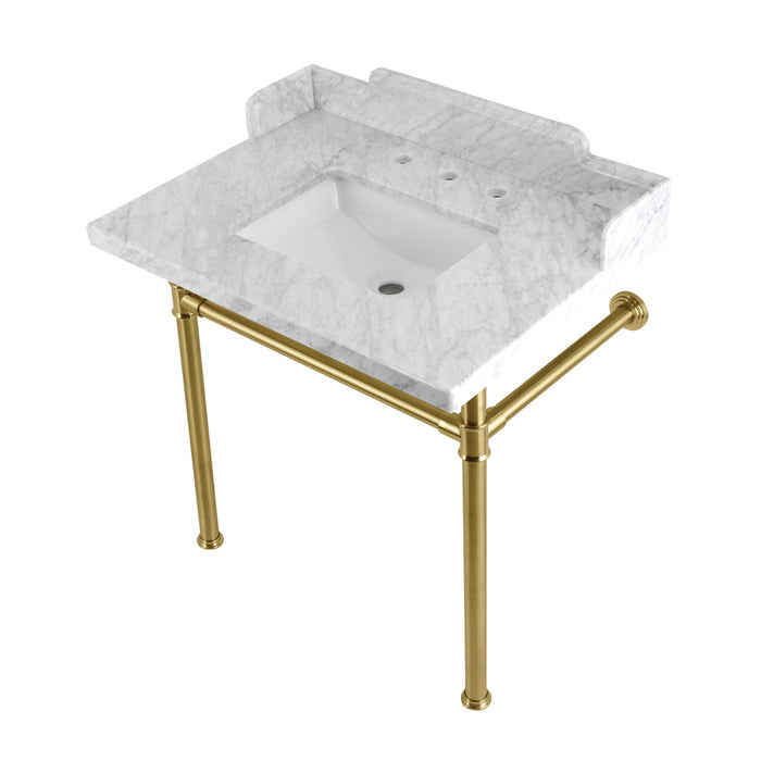 Kingston Tulare LMS30M8SQ7ST - Wesselman 30-Inch Carrara Marble Console Sink with Stainless Steel Legs (8-Inch, 3-Hole), Carrara Marble White/Brushed Brass