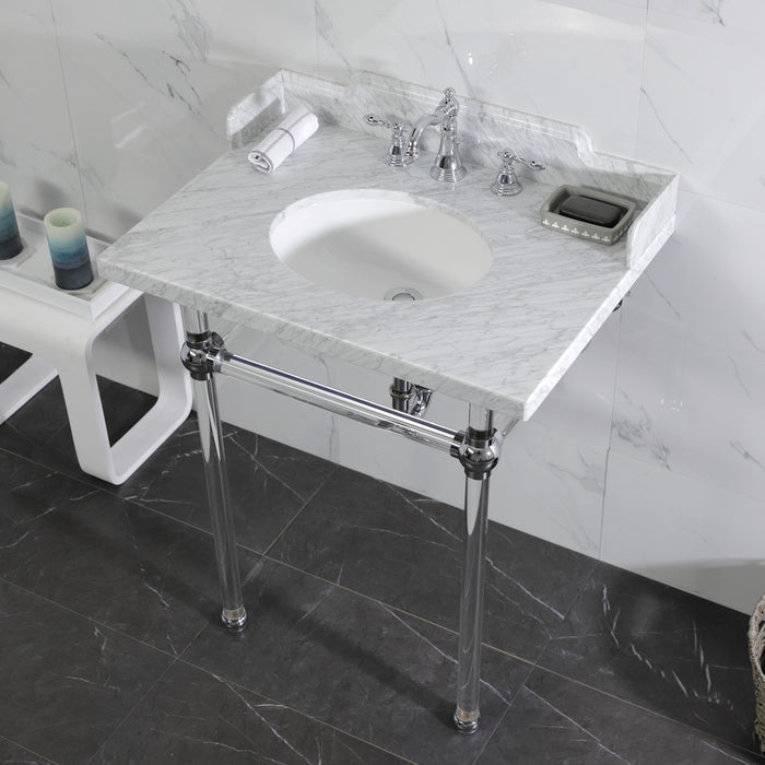 Kingston Tulare LMS30MA1 - Pemberton 30-Inch Carrara Marble Console Sink with Acrylic Legs (8-Inch, 3-Hole), Carrara Marble White/Polished Chrome