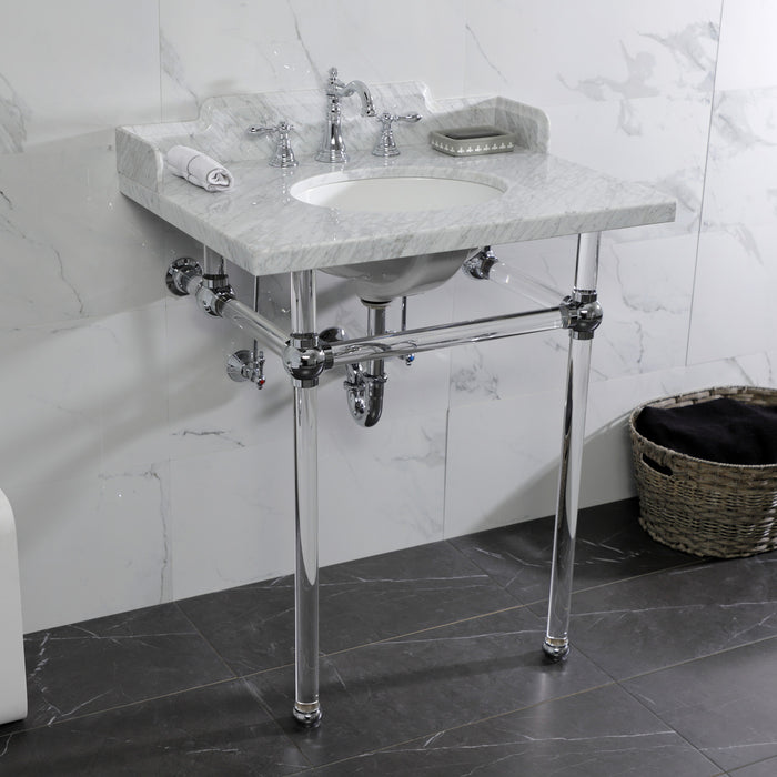 Kingston Tulare LMS30MA1 - Pemberton 30-Inch Carrara Marble Console Sink with Acrylic Legs (8-Inch, 3-Hole), Carrara Marble White/Polished Chrome